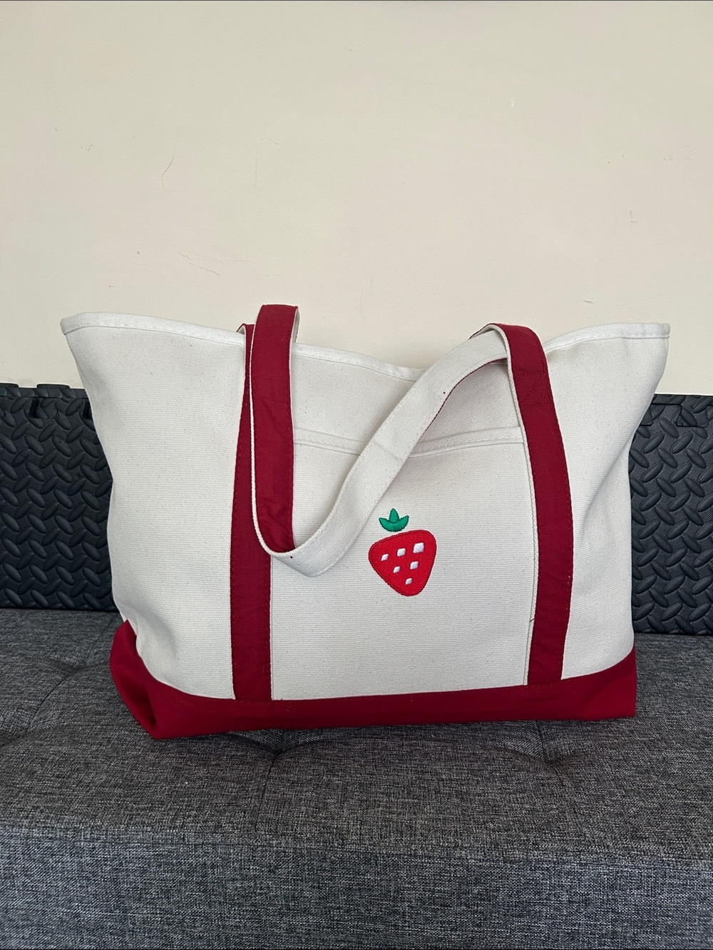Large Canvas Strawberry Tote Bag with Zipper Enclosure and Red Trim